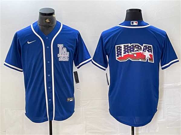 Mens Los Angeles Dodgers Team Big Logo Blue Cool Base Stitched Baseball Jersey